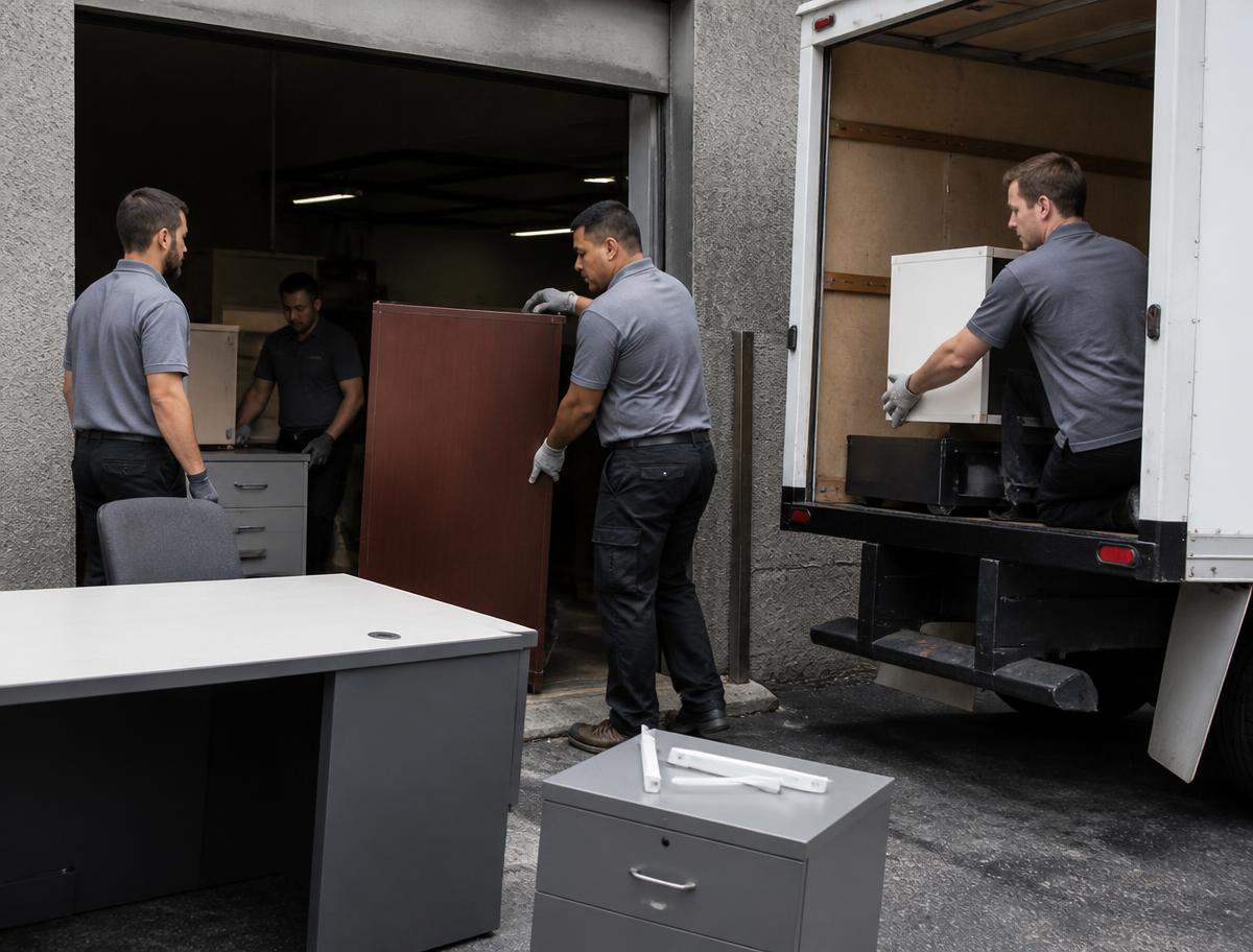 Crew removing old office furniture from a commercial building loading dock