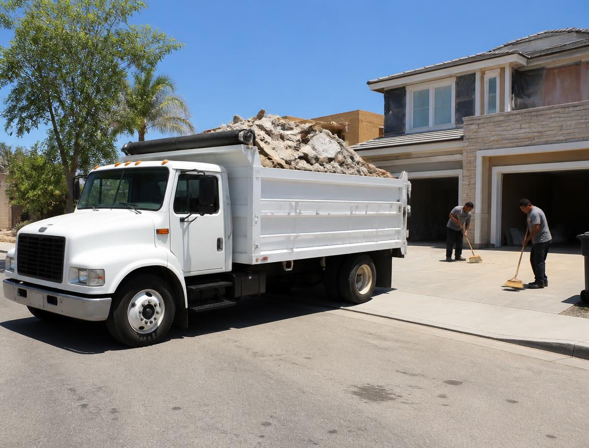 White dump truck loaded with construction debris outside a residential renovation site