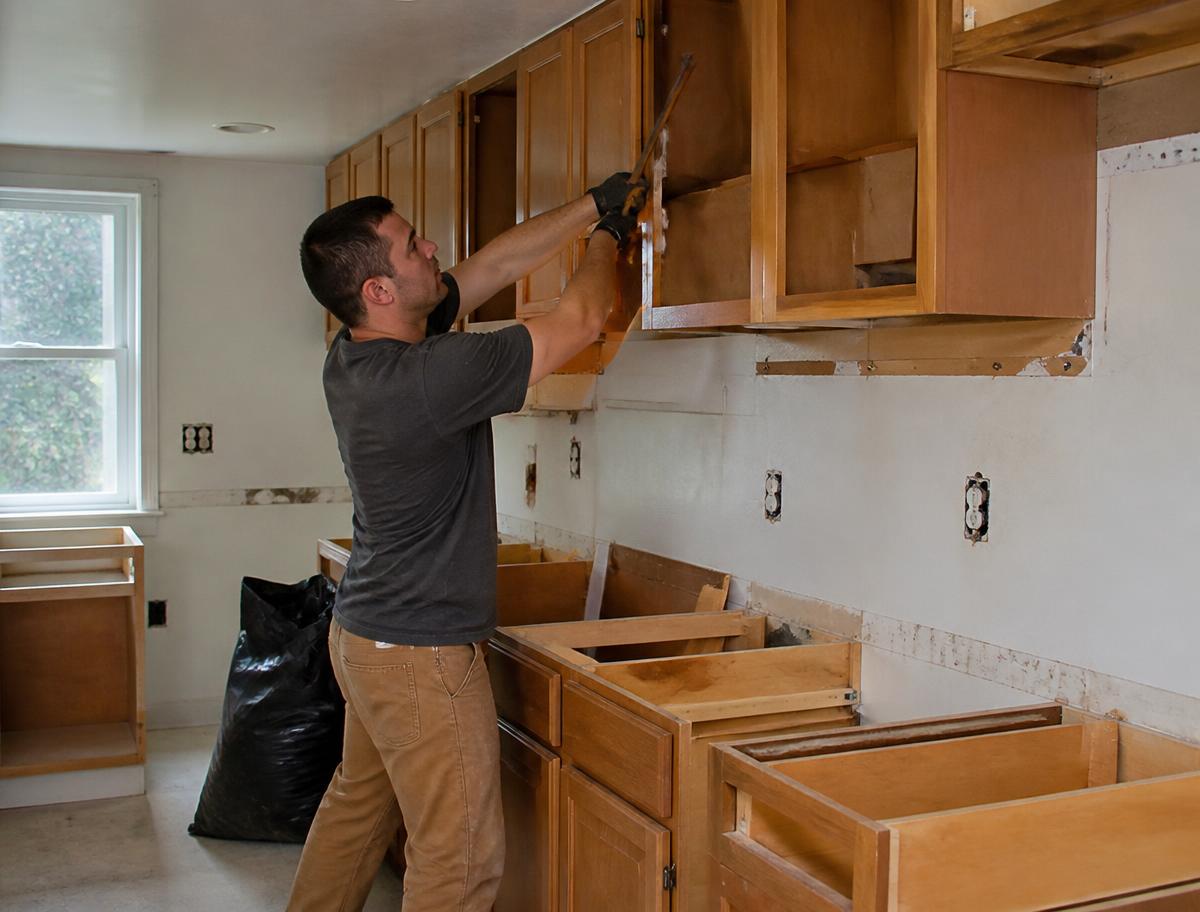Contractor removing kitchen cabinets during a light interior demolition project