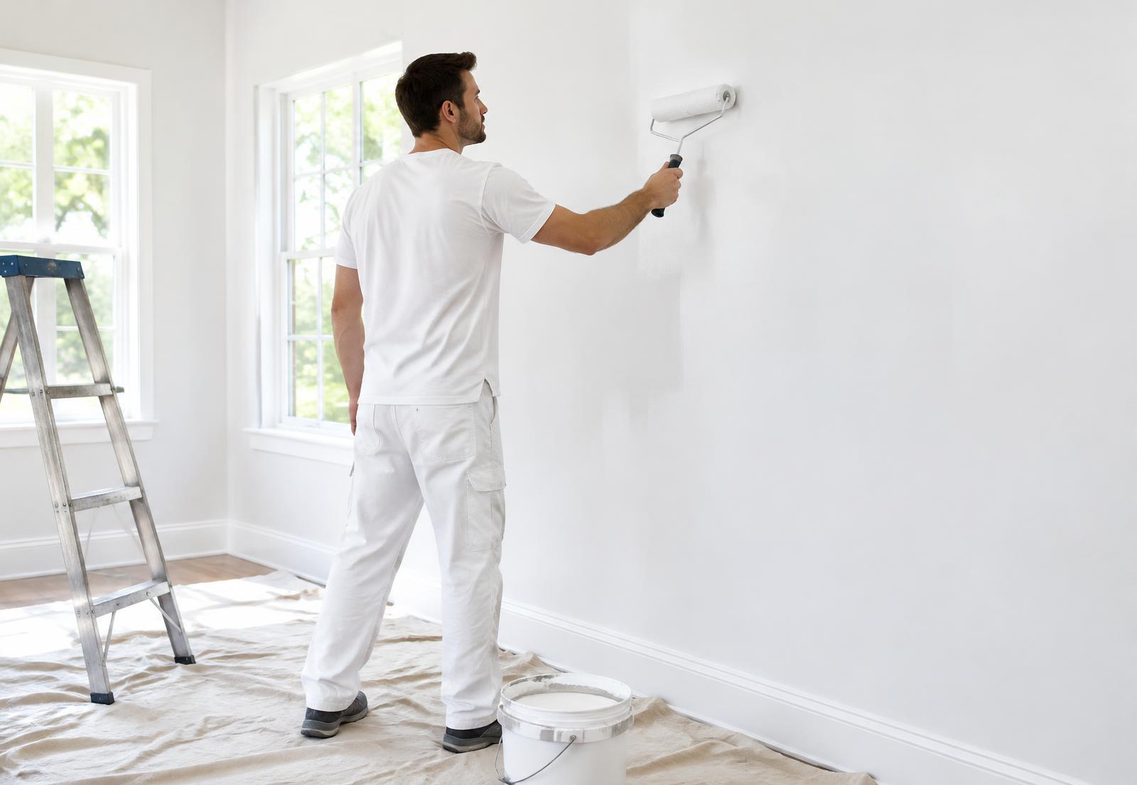 Painter rolling fresh white paint onto an interior wall of a bright home