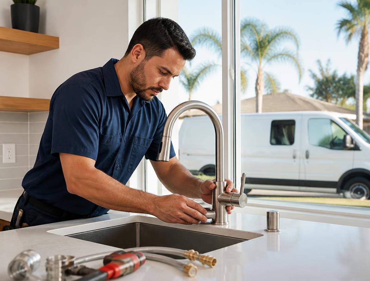 Professional plumber installing a modern kitchen faucet in a residential home
