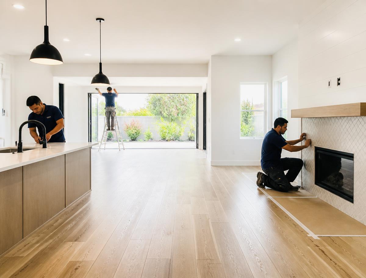 Modern open-concept home renovation with contractors finishing final details