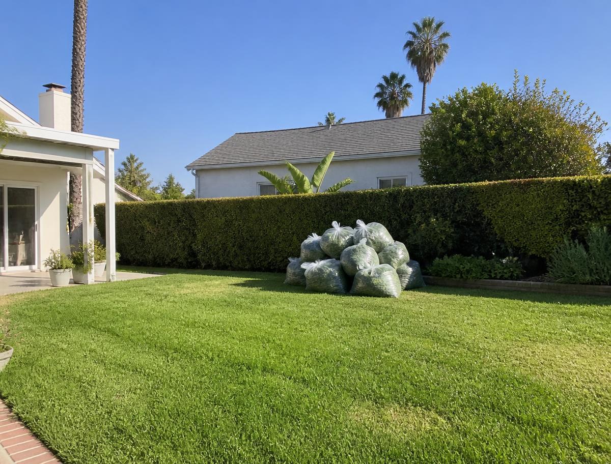 Backyard after a cleanup with bagged green waste stacked for removal